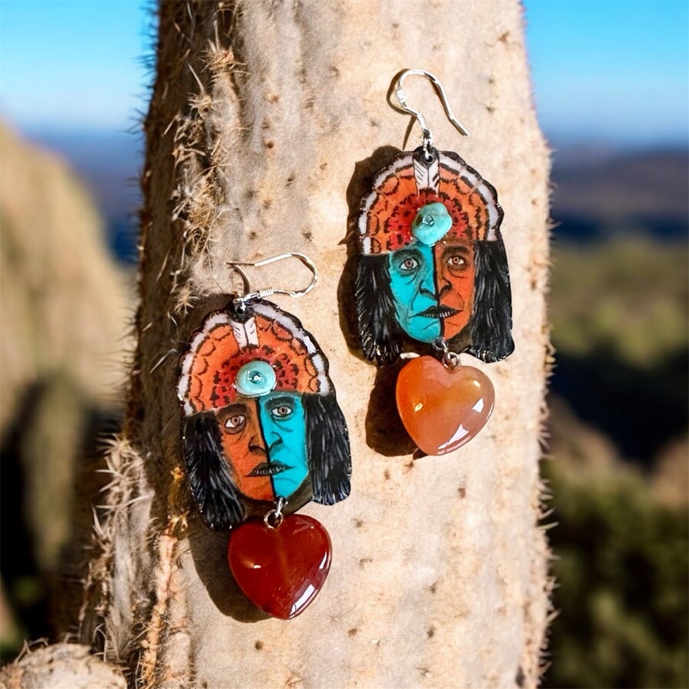 Native American inspired warrior handpainted turqoise headdress carnelian heart